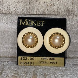 Vintage Monet Gold Tone Steel Post Faux Pearl Enamel Earrings
